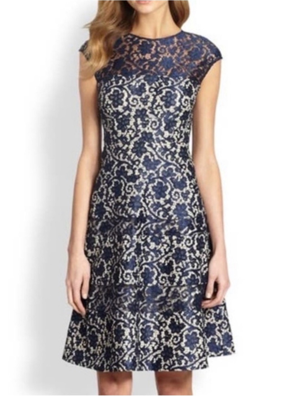 Kay Unger Lace Floral Dress Sz 14 Navy Cream Sleeveless Formal Fancy Feminine
